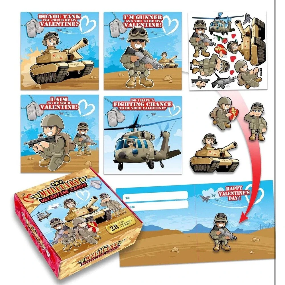 28-Pack Military Valentines Day Cards with Envelopes & Stickers  Box E